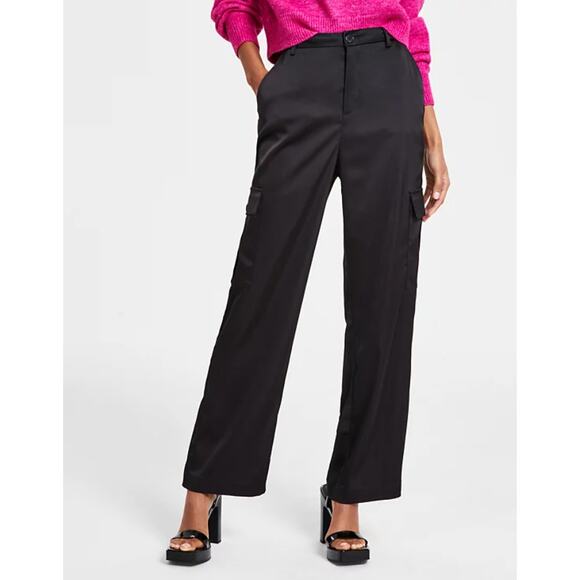 DKNY JEANS WOMENS STRETCH SATIN CARGO WIDE-LEG PANTS BLACK SIZE 16 NEW - Picture 1 of 14